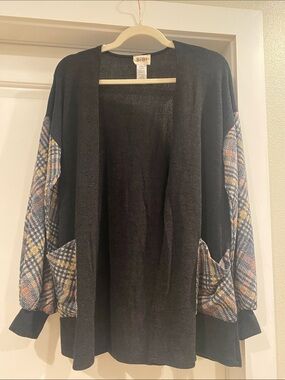 BiBi Black Open Cardigan with Multicolor Plaid Sleeves. Sample Sale NWOT Size SM